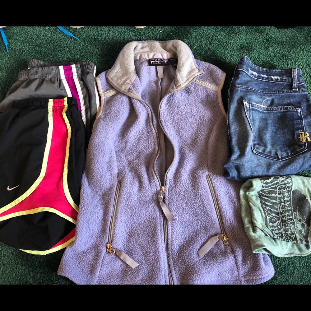 Nike shorts, Patagonia vest, jeans